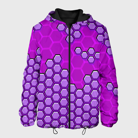 Мужская куртка 3D с принтом Фиолетовая энерго броня из шестиугольников в Тюмени, ткань верха — 100% полиэстер, подклад — флис | прямой крой, подол и капюшон оформлены резинкой с фиксаторами, два кармана без застежек по бокам, один большой потайной карман на груди. Карман на груди застегивается на липучку | 