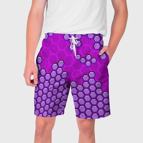 Мужские шорты 3D с принтом Фиолетовая энерго броня из шестиугольников ,  полиэстер 100% | прямой крой, два кармана без застежек по бокам. Мягкая трикотажная резинка на поясе, внутри которой широкие завязки. Длина чуть выше колен | 