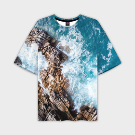 Мужская футболка oversize 3D с принтом Морские волны и скалы в Санкт-Петербурге,  |  | 