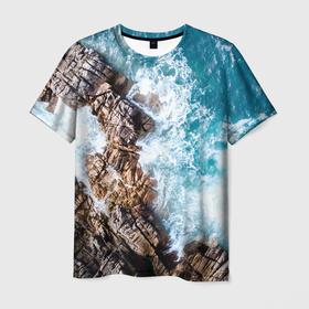 Мужская футболка 3D с принтом Морские волны и скалы в Тюмени, 100% полиэфир | прямой крой, круглый вырез горловины, длина до линии бедер | 