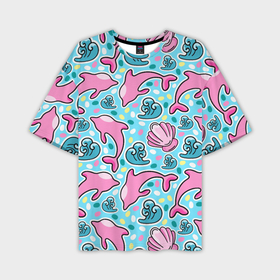 Мужская футболка oversize 3D с принтом Летний узор с розовыми дельфинами в Санкт-Петербурге,  |  | Тематика изображения на принте: 