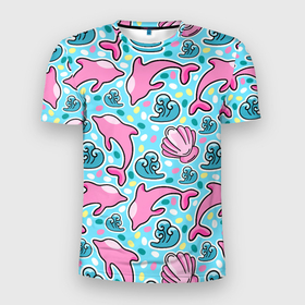 Мужская футболка 3D Slim с принтом Летний узор с розовыми дельфинами , 100% полиэстер с улучшенными характеристиками | приталенный силуэт, круглая горловина, широкие плечи, сужается к линии бедра | 