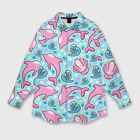 Мужская рубашка oversize 3D с принтом Летний узор с розовыми дельфинами в Тюмени,  |  | 