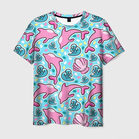 Мужская футболка 3D с принтом Летний узор с розовыми дельфинами в Белгороде, 100% полиэфир | прямой крой, круглый вырез горловины, длина до линии бедер | 