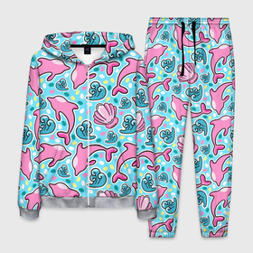 Мужской костюм 3D с принтом Летний узор с розовыми дельфинами в Санкт-Петербурге, 100% полиэстер | Манжеты и пояс оформлены тканевой резинкой, двухслойный капюшон со шнурком для регулировки, карманы спереди | 