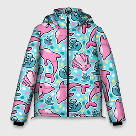 Мужская зимняя куртка 3D с принтом Летний узор с розовыми дельфинами в Новосибирске, верх — 100% полиэстер; подкладка — 100% полиэстер; утеплитель — 100% полиэстер | длина ниже бедра, свободный силуэт Оверсайз. Есть воротник-стойка, отстегивающийся капюшон и ветрозащитная планка. 

Боковые карманы с листочкой на кнопках и внутренний карман на молнии. | 