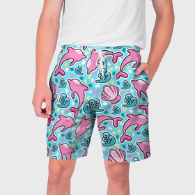 Мужские шорты 3D с принтом Летний узор с розовыми дельфинами ,  полиэстер 100% | прямой крой, два кармана без застежек по бокам. Мягкая трикотажная резинка на поясе, внутри которой широкие завязки. Длина чуть выше колен | 