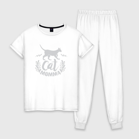Женская пижама хлопок с принтом Cat momma в Новосибирске, 100% хлопок | брюки и футболка прямого кроя, без карманов, на брюках мягкая резинка на поясе и по низу штанин | Тематика изображения на принте: 