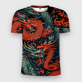 Мужская футболка 3D Slim с принтом Красный и серый дракон в Белгороде, 100% полиэстер с улучшенными характеристиками | приталенный силуэт, круглая горловина, широкие плечи, сужается к линии бедра | 