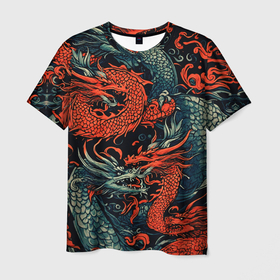 Мужская футболка 3D с принтом Красный и серый дракон в Тюмени, 100% полиэфир | прямой крой, круглый вырез горловины, длина до линии бедер | 