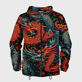 Мужская ветровка 3D с принтом Красный и серый дракон в Екатеринбурге, 100% полиэстер | подол и капюшон оформлены резинкой с фиксаторами, два кармана без застежек по бокам, один потайной карман на груди | 