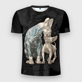 Мужская футболка 3D Slim с принтом Бесшерстные лысые кошки сфинксы в Белгороде, 100% полиэстер с улучшенными характеристиками | приталенный силуэт, круглая горловина, широкие плечи, сужается к линии бедра | 