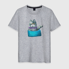 Мужская футболка хлопок с принтом Смешной котик в лежанке в Екатеринбурге, 100% хлопок | прямой крой, круглый вырез горловины, длина до линии бедер, слегка спущенное плечо. | 