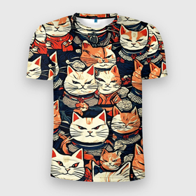 Мужская футболка 3D Slim с принтом Сердитые котики самураи в Кировске, 100% полиэстер с улучшенными характеристиками | приталенный силуэт, круглая горловина, широкие плечи, сужается к линии бедра | 