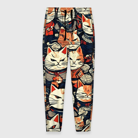 Мужские брюки 3D с принтом Сердитые котики самураи в Белгороде, 100% полиэстер | манжеты по низу, эластичный пояс регулируется шнурком, по бокам два кармана без застежек, внутренняя часть кармана из мелкой сетки | 