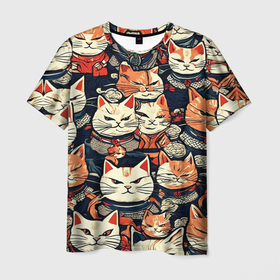 Мужская футболка 3D с принтом Сердитые котики самураи в Кировске, 100% полиэфир | прямой крой, круглый вырез горловины, длина до линии бедер | Тематика изображения на принте: 
