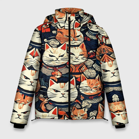 Мужская зимняя куртка 3D с принтом Сердитые котики самураи в Белгороде, верх — 100% полиэстер; подкладка — 100% полиэстер; утеплитель — 100% полиэстер | длина ниже бедра, свободный силуэт Оверсайз. Есть воротник-стойка, отстегивающийся капюшон и ветрозащитная планка. 

Боковые карманы с листочкой на кнопках и внутренний карман на молнии. | 