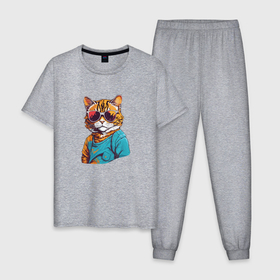 Мужская пижама хлопок с принтом Стильный кот в ярких очках в Курске, 100% хлопок | брюки и футболка прямого кроя, без карманов, на брюках мягкая резинка на поясе и по низу штанин
 | 