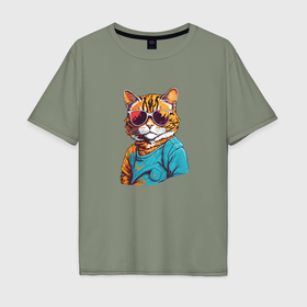 Мужская футболка хлопок Oversize с принтом Стильный кот в ярких очках в Новосибирске, 100% хлопок | свободный крой, круглый ворот, “спинка” длиннее передней части | 