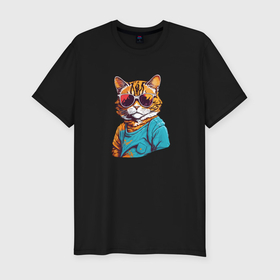 Мужская футболка хлопок Slim с принтом Стильный кот в ярких очках в Курске, 92% хлопок, 8% лайкра | приталенный силуэт, круглый вырез ворота, длина до линии бедра, короткий рукав | 