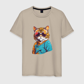 Мужская футболка хлопок с принтом Стильный кот в ярких очках в Петрозаводске, 100% хлопок | прямой крой, круглый вырез горловины, длина до линии бедер, слегка спущенное плечо. | 