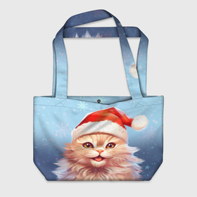 Пляжная сумка 3D с принтом New Year with Santa the cat в Белгороде, 100% полиэстер | застегивается на металлическую кнопку; внутренний карман застегивается на молнию. Стенки укреплены специальным мягким материалом, чтобы защитить содержимое от несильных ударов
 | 