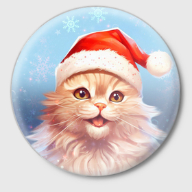 Значок с принтом New Year with Santa the cat в Белгороде,  металл | круглая форма, металлическая застежка в виде булавки | Тематика изображения на принте: 