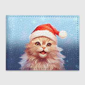 Обложка для студенческого билета с принтом New Year with Santa the cat в Белгороде, натуральная кожа | Размер: 11*8 см; Печать на всей внешней стороне | Тематика изображения на принте: 