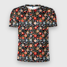 Мужская футболка 3D Slim с принтом Сказочные цветы на черном фоне в Екатеринбурге, 100% полиэстер с улучшенными характеристиками | приталенный силуэт, круглая горловина, широкие плечи, сужается к линии бедра | 