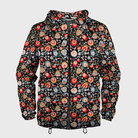 Мужская ветровка 3D с принтом Сказочные цветы на черном фоне в Белгороде, 100% полиэстер | подол и капюшон оформлены резинкой с фиксаторами, два кармана без застежек по бокам, один потайной карман на груди | 
