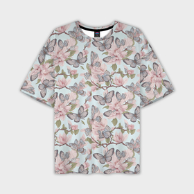 Мужская футболка oversize 3D с принтом Бабочки на розовые цветах в Петрозаводске,  |  | Тематика изображения на принте: 