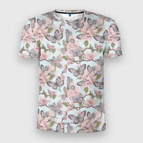 Мужская футболка 3D Slim с принтом Бабочки на розовые цветах в Петрозаводске, 100% полиэстер с улучшенными характеристиками | приталенный силуэт, круглая горловина, широкие плечи, сужается к линии бедра | Тематика изображения на принте: 