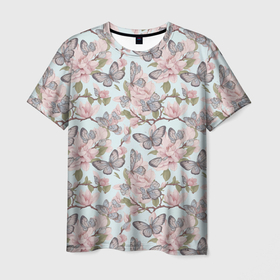 Мужская футболка 3D с принтом Бабочки на розовые цветах в Тюмени, 100% полиэфир | прямой крой, круглый вырез горловины, длина до линии бедер | Тематика изображения на принте: 