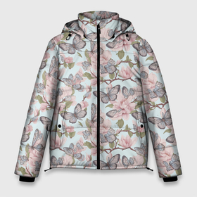 Мужская зимняя куртка 3D с принтом Бабочки на розовые цветах в Тюмени, верх — 100% полиэстер; подкладка — 100% полиэстер; утеплитель — 100% полиэстер | длина ниже бедра, свободный силуэт Оверсайз. Есть воротник-стойка, отстегивающийся капюшон и ветрозащитная планка. 

Боковые карманы с листочкой на кнопках и внутренний карман на молнии. | Тематика изображения на принте: 