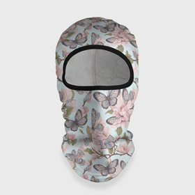 Балаклава 3D с принтом Бабочки на розовые цветах в Санкт-Петербурге, 100% полиэстер, ткань с особыми свойствами — Activecool | плотность 150–180 г/м2; хорошо тянется, но при этом сохраняет форму. Закрывает шею, вокруг отверстия для глаз кайма. Единый размер | 
