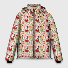 Мужская зимняя куртка 3D с принтом Красно розовые цветы в Петрозаводске, верх — 100% полиэстер; подкладка — 100% полиэстер; утеплитель — 100% полиэстер | длина ниже бедра, свободный силуэт Оверсайз. Есть воротник-стойка, отстегивающийся капюшон и ветрозащитная планка. 

Боковые карманы с листочкой на кнопках и внутренний карман на молнии. | 