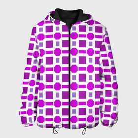 Мужская куртка 3D с принтом Фиолетовые кирпичики и белые полосы в Новосибирске, ткань верха — 100% полиэстер, подклад — флис | прямой крой, подол и капюшон оформлены резинкой с фиксаторами, два кармана без застежек по бокам, один большой потайной карман на груди. Карман на груди застегивается на липучку | 