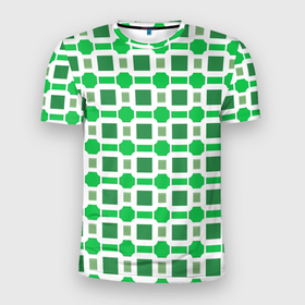 Мужская футболка 3D Slim с принтом Зелёные кирпичики и белые полосы в Екатеринбурге, 100% полиэстер с улучшенными характеристиками | приталенный силуэт, круглая горловина, широкие плечи, сужается к линии бедра | Тематика изображения на принте: 