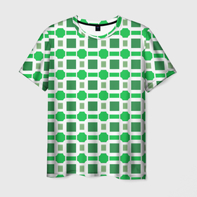 Мужская футболка 3D с принтом Зелёные кирпичики и белые полосы в Новосибирске, 100% полиэфир | прямой крой, круглый вырез горловины, длина до линии бедер | 