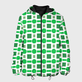 Мужская куртка 3D с принтом Зелёные кирпичики и белые полосы в Новосибирске, ткань верха — 100% полиэстер, подклад — флис | прямой крой, подол и капюшон оформлены резинкой с фиксаторами, два кармана без застежек по бокам, один большой потайной карман на груди. Карман на груди застегивается на липучку | 