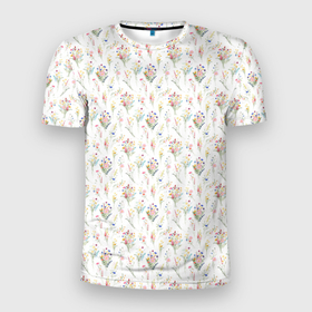 Мужская футболка 3D Slim с принтом Нежные полевые цветы на белом фоне в Тюмени, 100% полиэстер с улучшенными характеристиками | приталенный силуэт, круглая горловина, широкие плечи, сужается к линии бедра | 