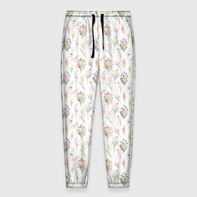 Мужские брюки 3D с принтом Нежные полевые цветы на белом фоне в Санкт-Петербурге, 100% полиэстер | манжеты по низу, эластичный пояс регулируется шнурком, по бокам два кармана без застежек, внутренняя часть кармана из мелкой сетки | 