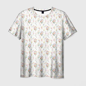 Мужская футболка 3D с принтом Нежные полевые цветы на белом фоне в Санкт-Петербурге, 100% полиэфир | прямой крой, круглый вырез горловины, длина до линии бедер | Тематика изображения на принте: 