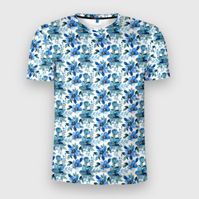 Мужская футболка 3D Slim с принтом Полевые голубые цветы паттерн в Кировске, 100% полиэстер с улучшенными характеристиками | приталенный силуэт, круглая горловина, широкие плечи, сужается к линии бедра | Тематика изображения на принте: 