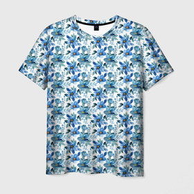 Мужская футболка 3D с принтом Полевые голубые цветы паттерн в Кировске, 100% полиэфир | прямой крой, круглый вырез горловины, длина до линии бедер | Тематика изображения на принте: 