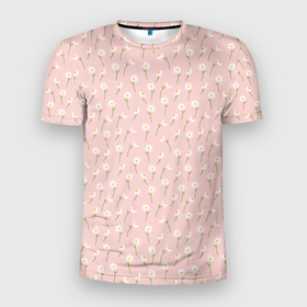 Мужская футболка 3D Slim с принтом Ромашки на розовом фоне в Петрозаводске, 100% полиэстер с улучшенными характеристиками | приталенный силуэт, круглая горловина, широкие плечи, сужается к линии бедра | 