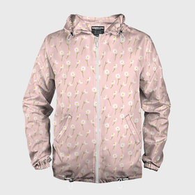 Мужская ветровка 3D с принтом Ромашки на розовом фоне в Новосибирске, 100% полиэстер | подол и капюшон оформлены резинкой с фиксаторами, два кармана без застежек по бокам, один потайной карман на груди | 