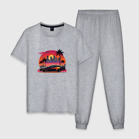 Мужская пижама хлопок с принтом Ретро закат в Майями и гоночная машина в Белгороде, 100% хлопок | брюки и футболка прямого кроя, без карманов, на брюках мягкая резинка на поясе и по низу штанин
 | 