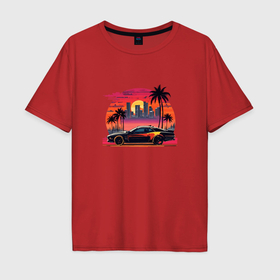 Мужская футболка хлопок Oversize с принтом Ретро закат в Майями и гоночная машина , 100% хлопок | свободный крой, круглый ворот, “спинка” длиннее передней части | 