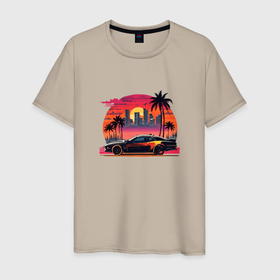 Мужская футболка хлопок с принтом Ретро закат в Майями и гоночная машина в Кировске, 100% хлопок | прямой крой, круглый вырез горловины, длина до линии бедер, слегка спущенное плечо. | 